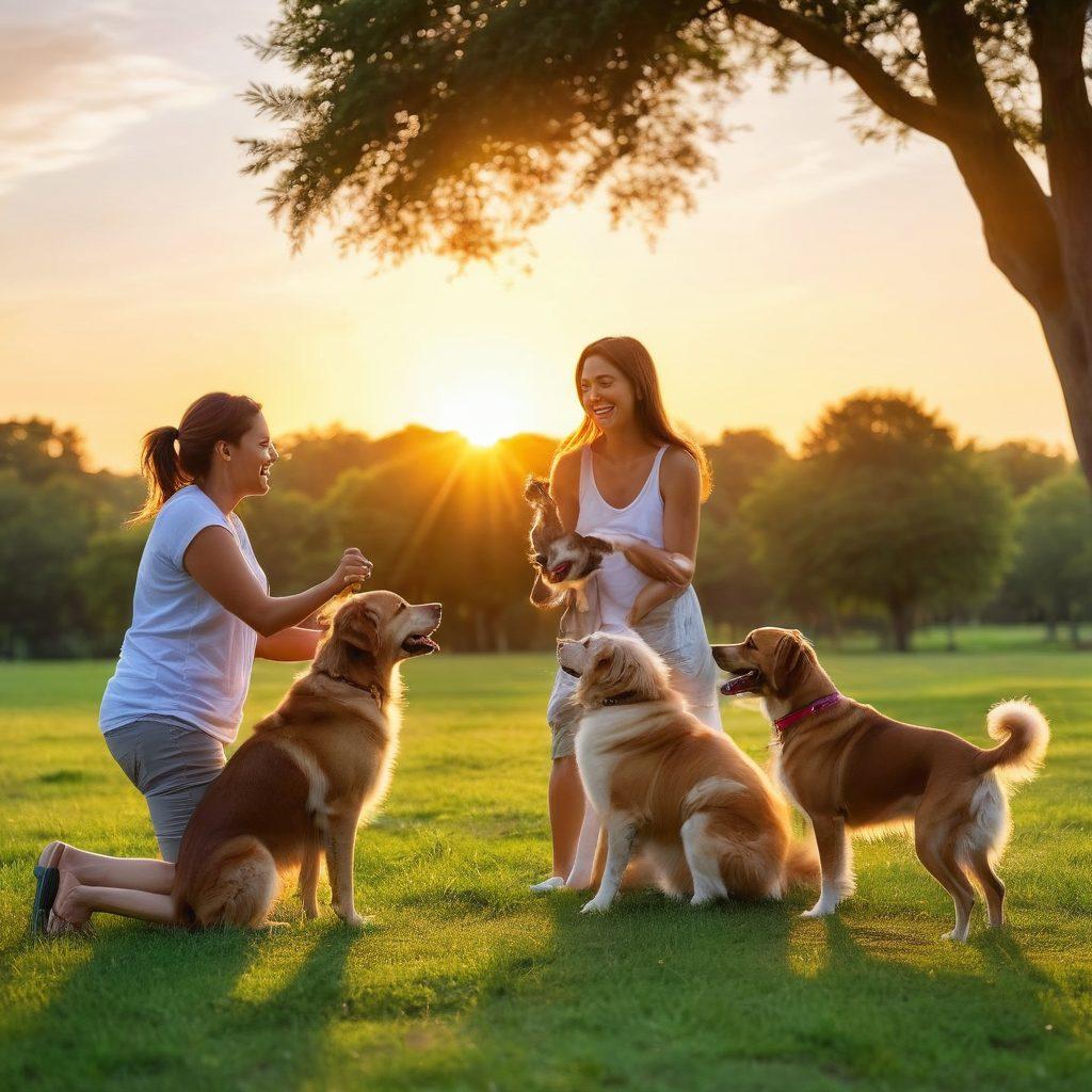 A heartwarming scene of a diverse group of dog lovers joyfully interacting with their dogs in a lush green park. Capture the variety of dog breeds playing together, with a beautiful sunset casting golden light. Include a couple of photographers capturing these moments with their cameras, showing expressions of happiness and love. Emphasize the bond between humans and their canine companions, showcasing vibrant colors and lively energy. super-realistic. vibrant colors. sunset background.