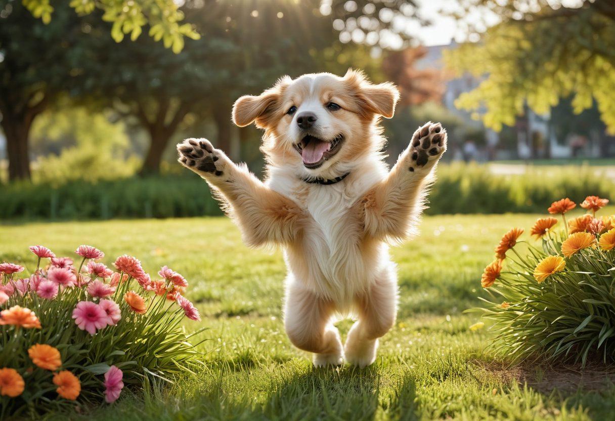 A playful scene featuring a fluffy puppy and an excited child in a sunlit park, both radiating joy and companionship. The puppy is mid-leap, capturing the essence of youthful energy, while the child is laughing, reaching out with open arms. Surrounding elements include colorful flowers and soft green grass, creating a warm and inviting atmosphere that highlights the bond between humans and dogs. vibrant colors. super-realistic.