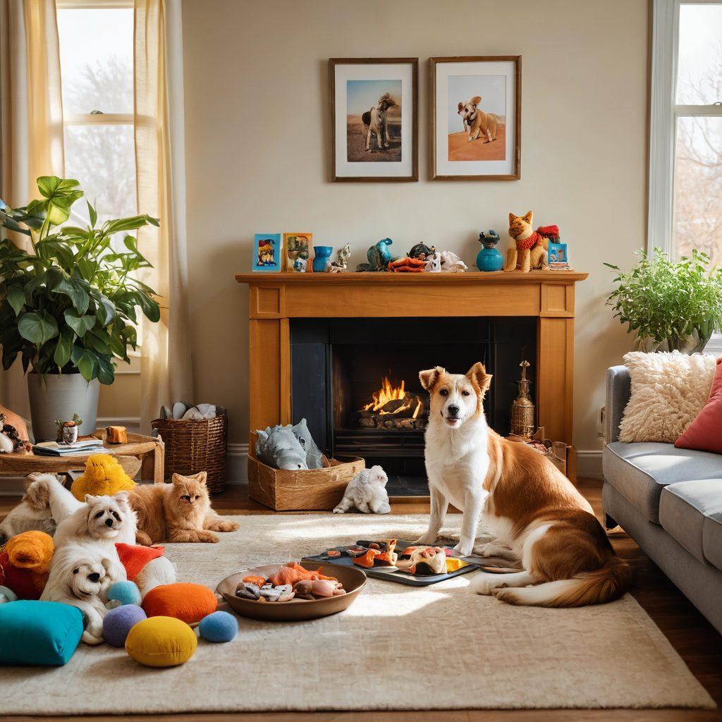 A cozy living room filled with playful pets, showcasing a photographer capturing candid moments of a dog and cat in warm sunlight. Surrounding elements like treats, colorful toys, and framed pet portraits add a personal touch. The atmosphere conveys joy and companionship, inviting viewers into the world of pet photography. vibrant colors. soft focus. super-realistic.
